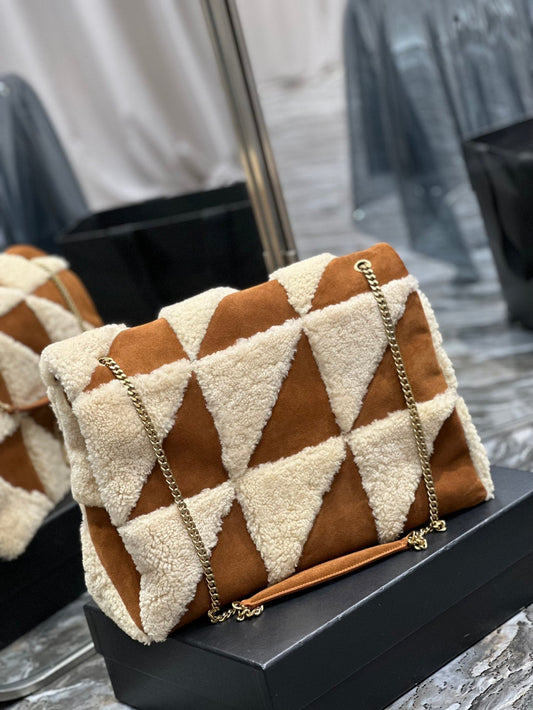 Luxury Saint Laurent JAMIE 4.3 LARGE BAG 38 IN BROWN SUEDE MIX BEIGE SHEARLING GOLD HARDWARE