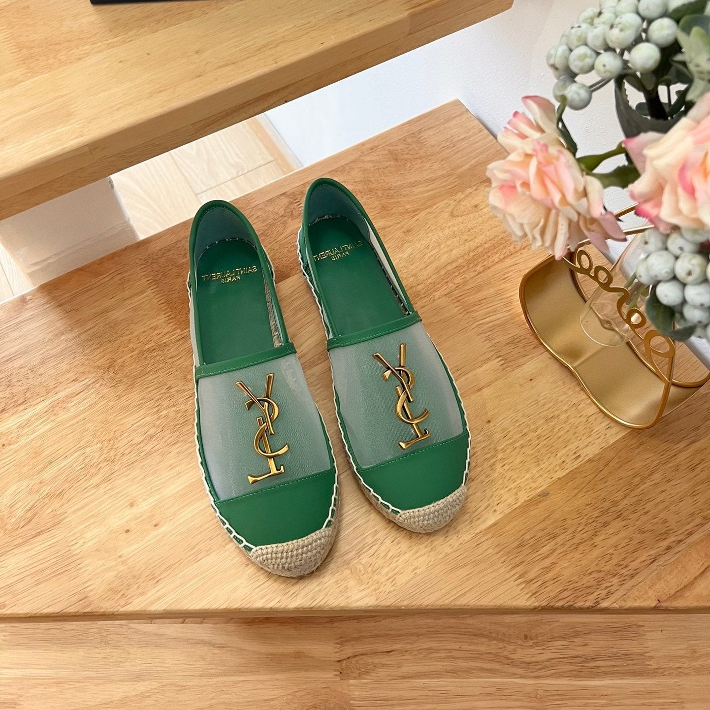 Luxury Saint Laurent SL YVES LOGO SLIP ON DARK GREEN CALFSKIN AND MESH
