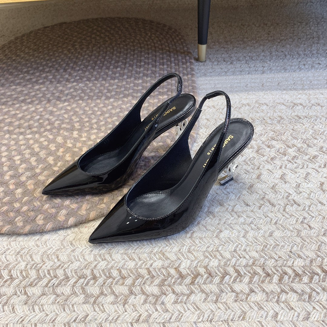 Luxury Saint Laurent OPYUM SILVER HEEL SLINGBACK PUMPS IN BLACK GLOSSY CALFSKIN