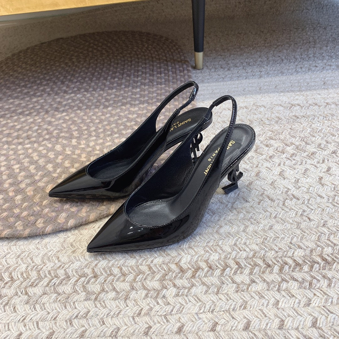 Luxury Saint Laurent OPYUM BLACK HEEL SLINGBACK PUMPS IN BLACK GLOSSY CALFSKIN