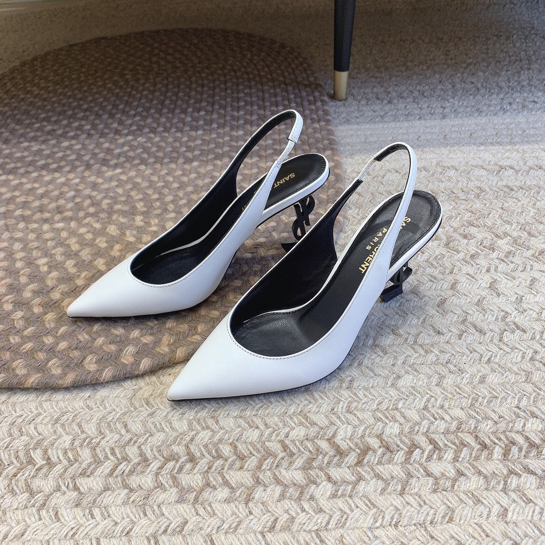Luxury Saint Laurent OPYUM BLACK HEEL SLINGBACK PUMPS IN WHITE SMOOTH LAMBSKIN