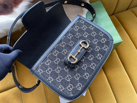 Luxury Gucci GG HORSEBIT 1955 SADDLE BAG 25 IN BLACK CANVAS AND CALFSKIN