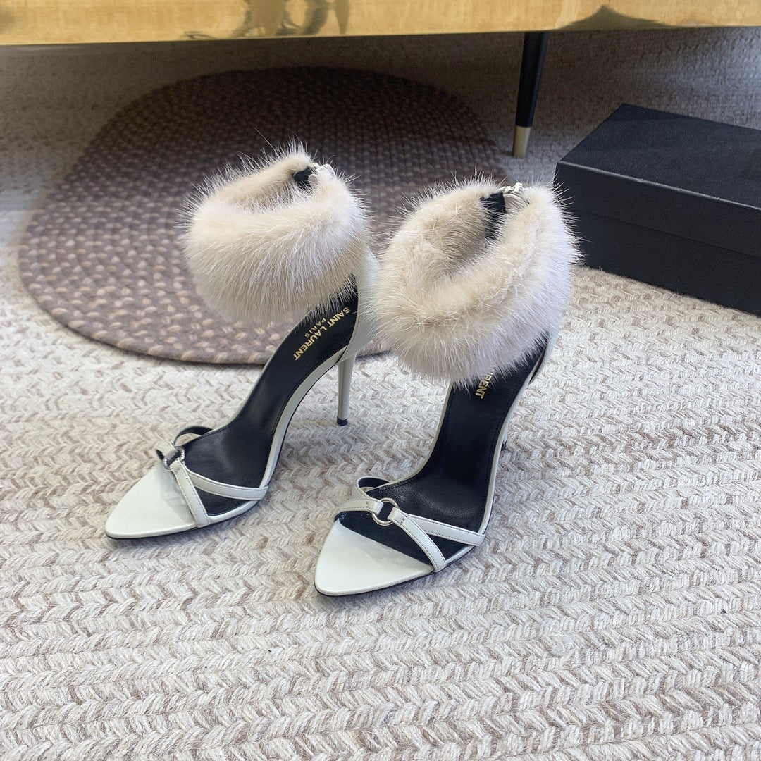 Luxury Saint Laurent HIGH HEEL SANDAL IN WHITE POLISHED CALFSKIN AND MINK FUR