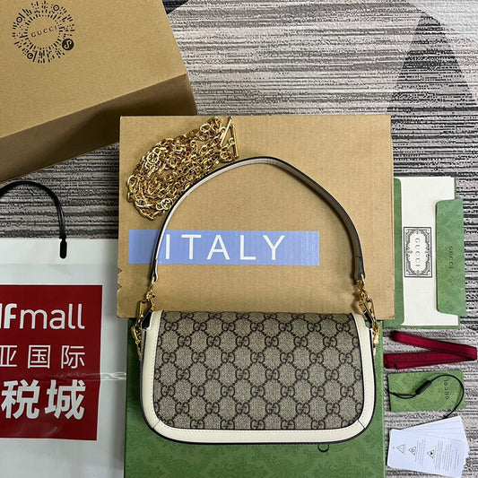 Luxury Gucci GG HORSEBIT 1955 BAG 24 IN BEIGE CANVAS AND WHITE CALFSKIN