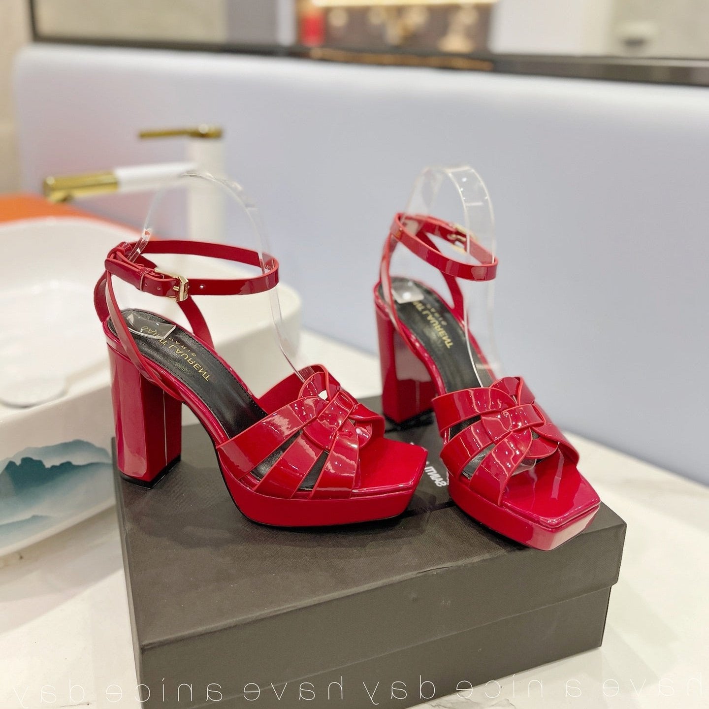 Luxury Saint Laurent SL TRIBUTE FLATFORM SANDALS GLOSSY RED CALFSKIN