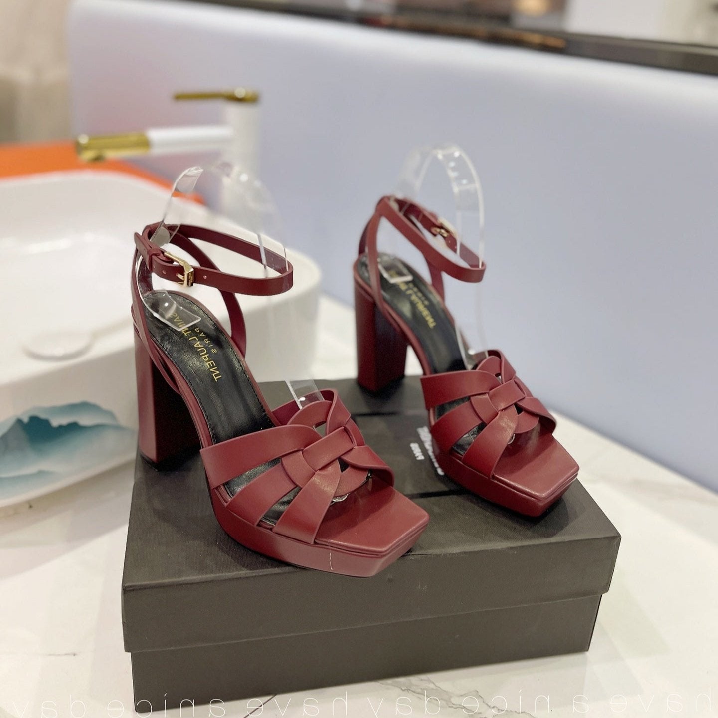 Luxury Saint Laurent SL TRIBUTE FLATFORM SANDALS BERRY CALFSKIN