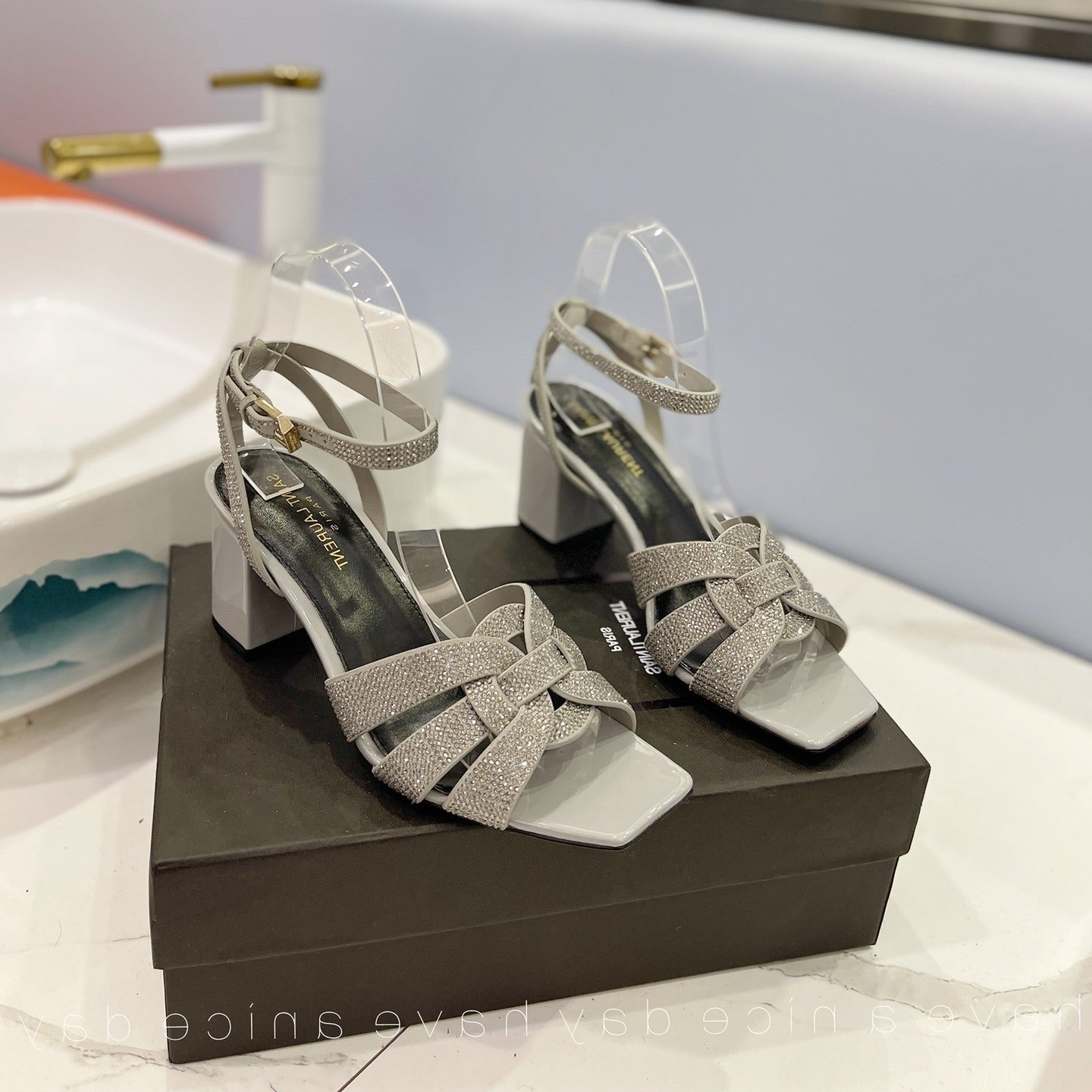 Luxury Saint Laurent SL TRIBUTE CRYSTAL SANDALS LIGHT GRAY CALFSKIN
