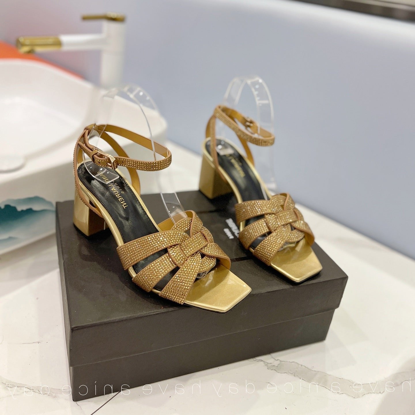 Luxury Saint Laurent SL TRIBUTE CRYSTAL SANDALS GOLD CALFSKIN