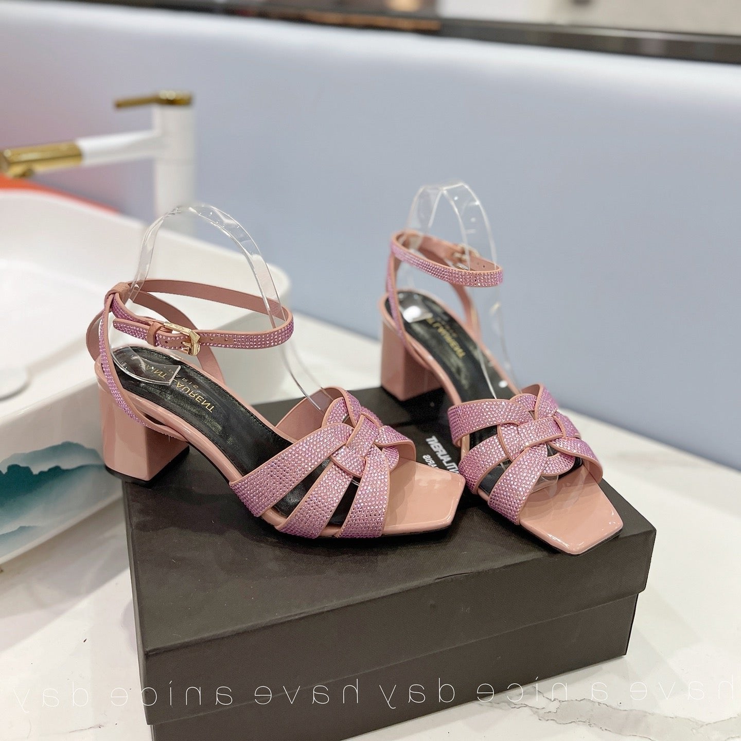 Luxury Saint Laurent SL TRIBUTE CRYSTAL SANDALS PASTEL PINK CALFSKIN