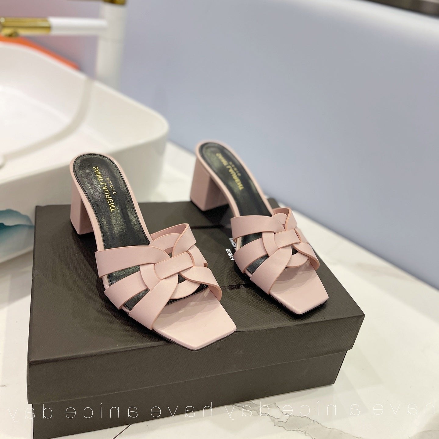 Luxury Saint Laurent SL TRIBUTE MULES PASTEL PINK CALFSKIN
