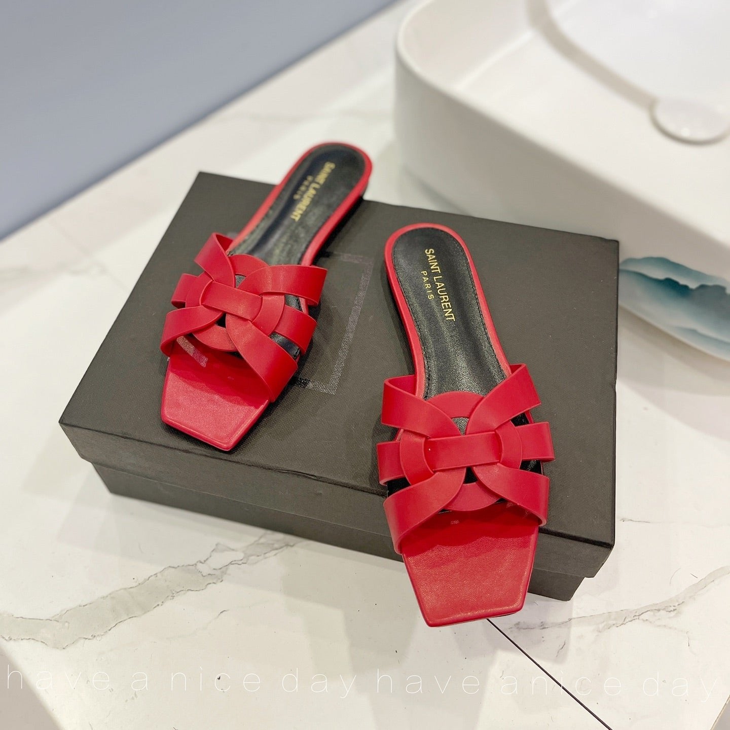 Luxury Saint Laurent SL TRIBUTE SLIPPERS RED CALFSKIN