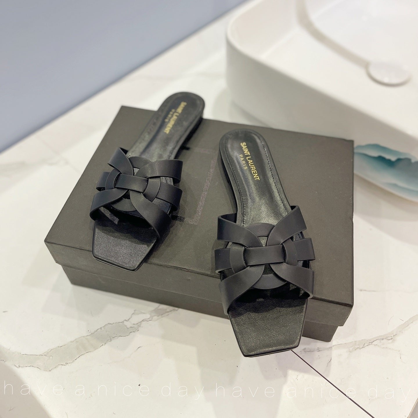 Luxury Saint Laurent SL TRIBUTE SLIPPERS BLACK CALFSKIN