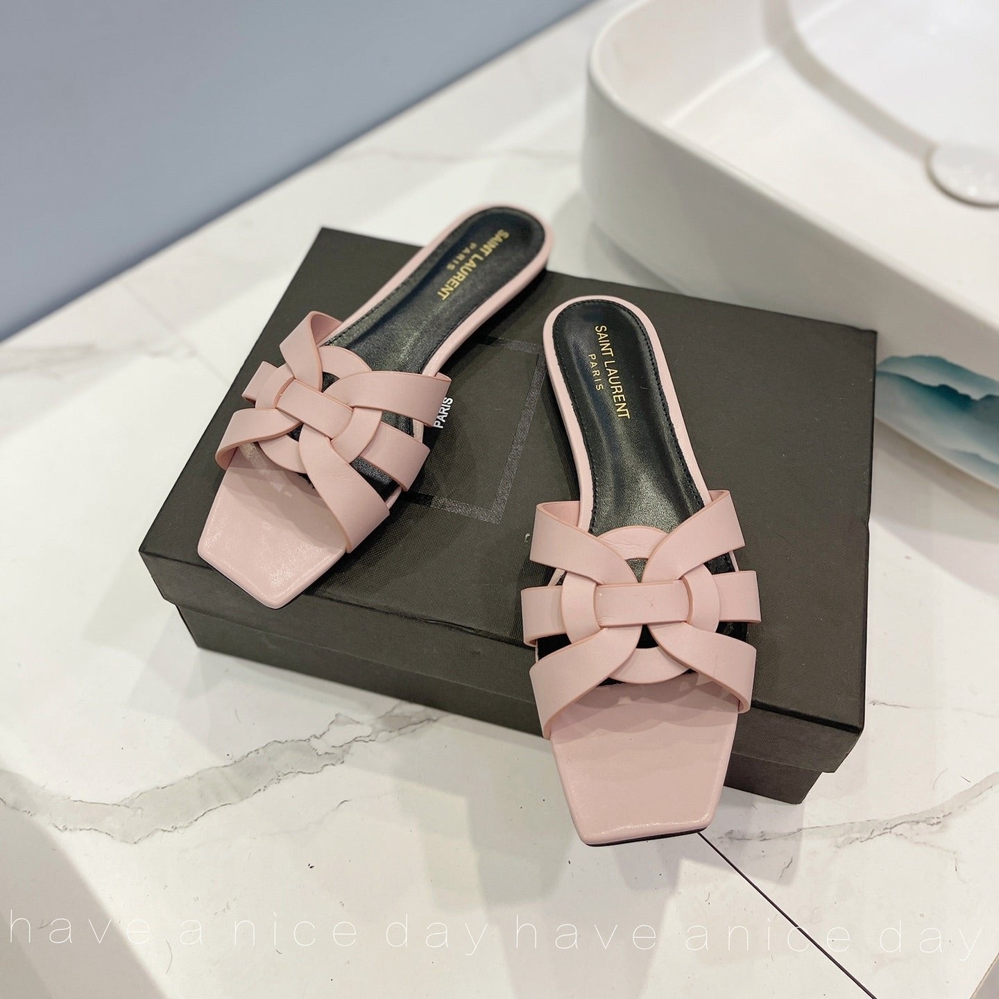Luxury Saint Laurent SL TRIBUTE SLIPPERS PINK NUDE CALFSKIN