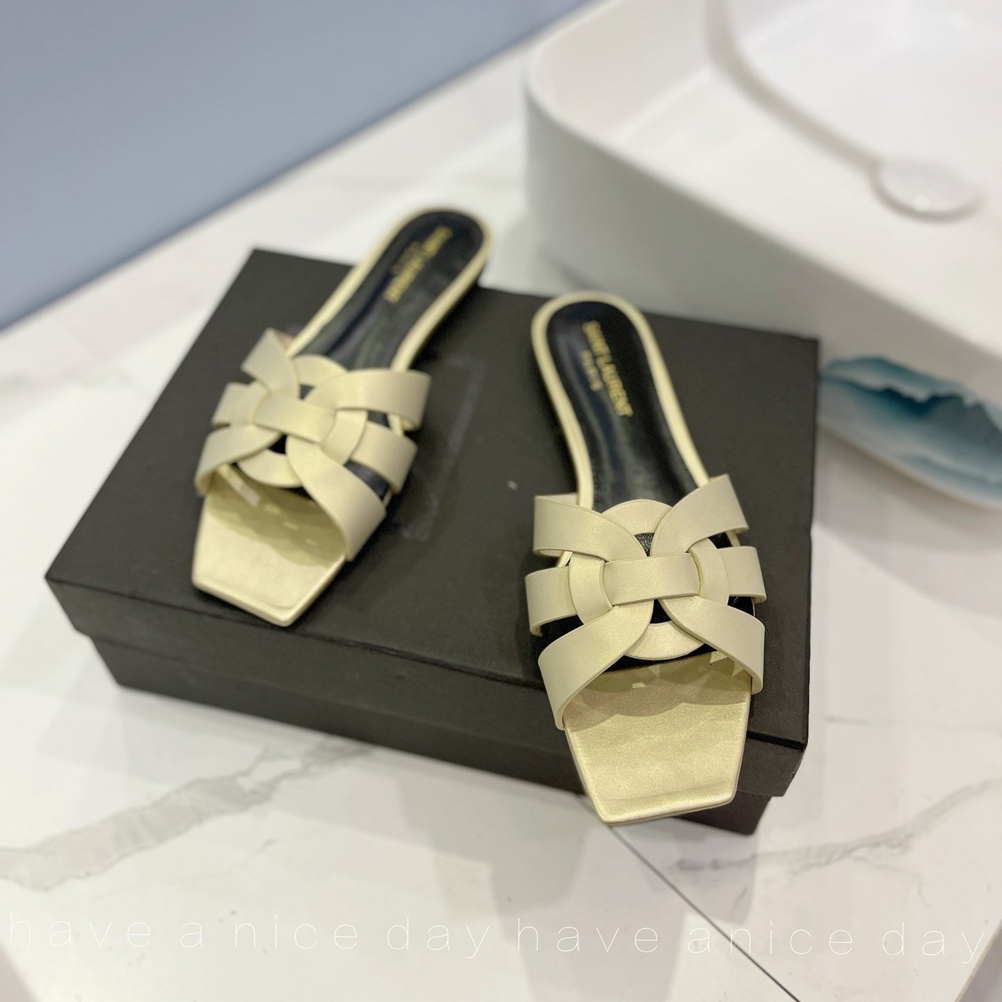 Luxury Saint Laurent SL TRIBUTE SLIPPERS PASTEL YELLOW CALFSKIN