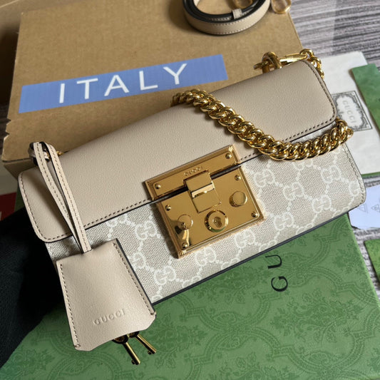 Luxury Gucci PADLOCK 22 SMALL GG SHOULDER BAG IN BEIGE CALFSKIN AND CANVAS