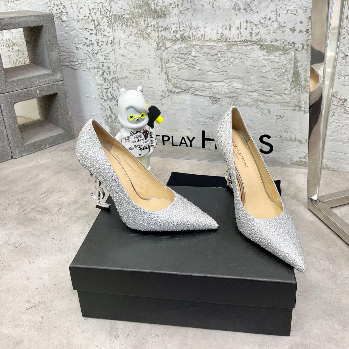 Luxury Saint Laurent SL OPYUM BASIC HIGH HEEL SILVER CRYSTAL SATIN