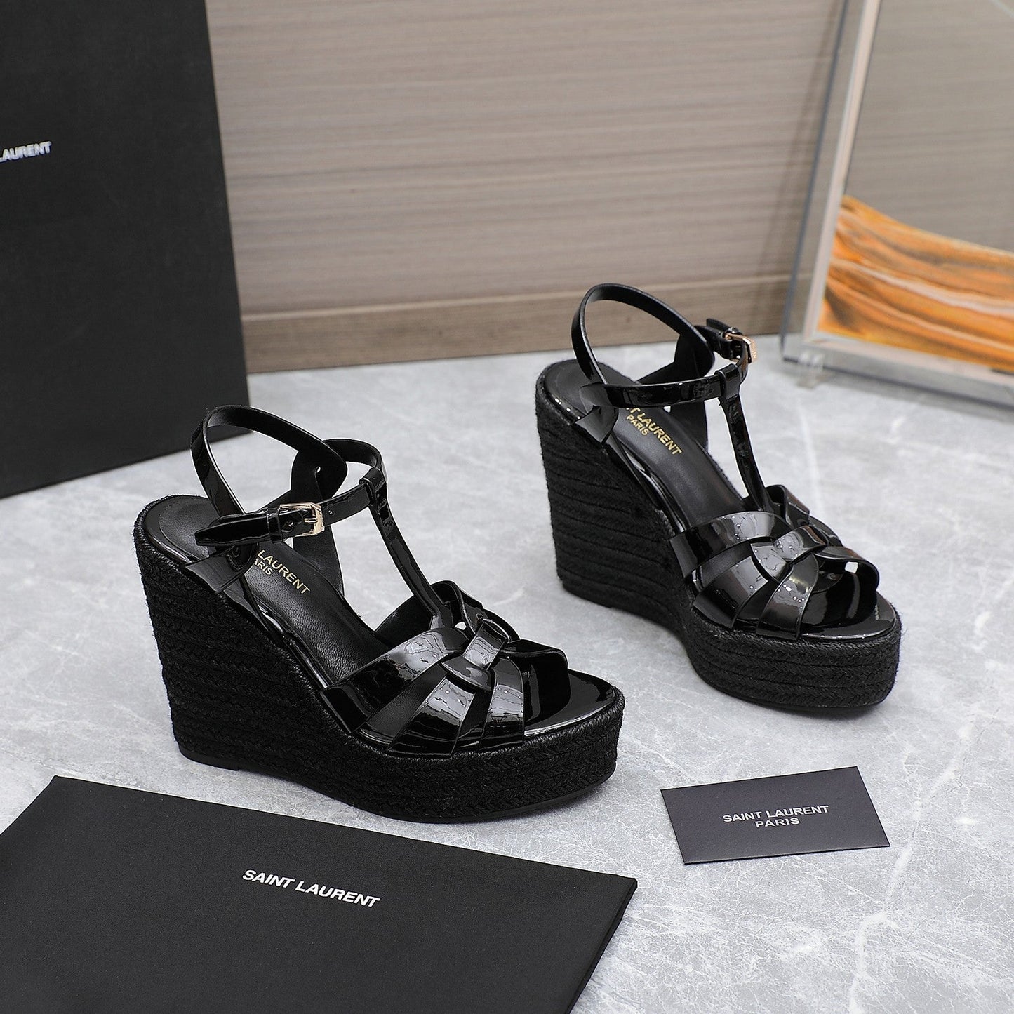 Luxury Saint Laurent SL TRIBUTE WEDGE SANDALS BLACK POLISHED CALFSKIN