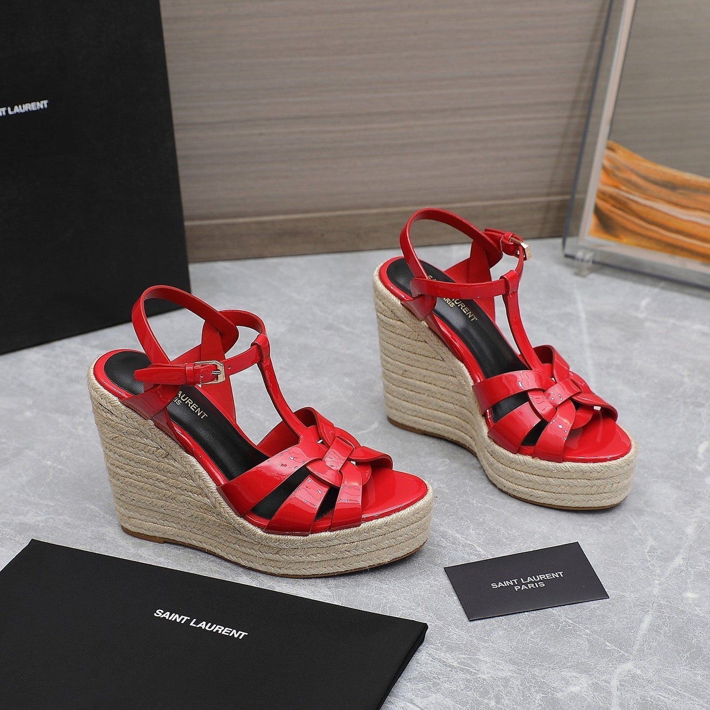 Luxury Saint Laurent SL TRIBUTE WEDGE SANDALS CRIMSON POLISHED CALFSKIN