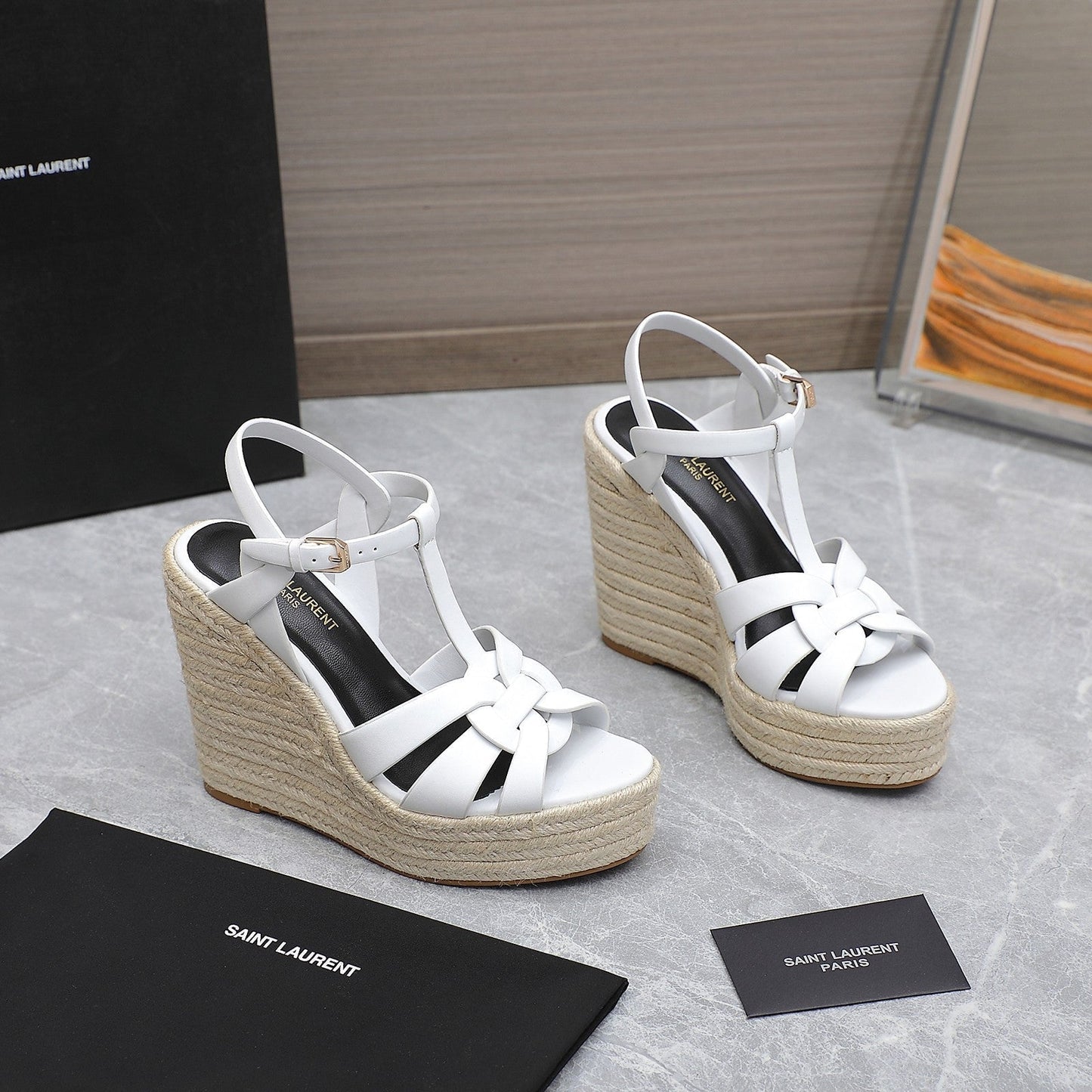 Luxury Saint Laurent SL TRIBUTE WEDGE SANDALS WHITE CALFSKIN