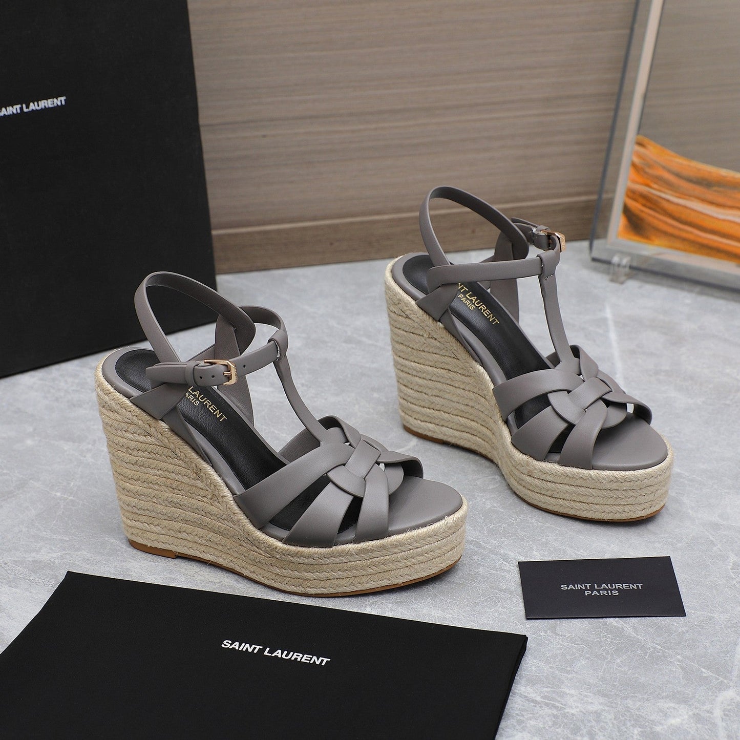 Luxury Saint Laurent SL TRIBUTE WEDGE SANDALS FOSSIL CALFSKIN