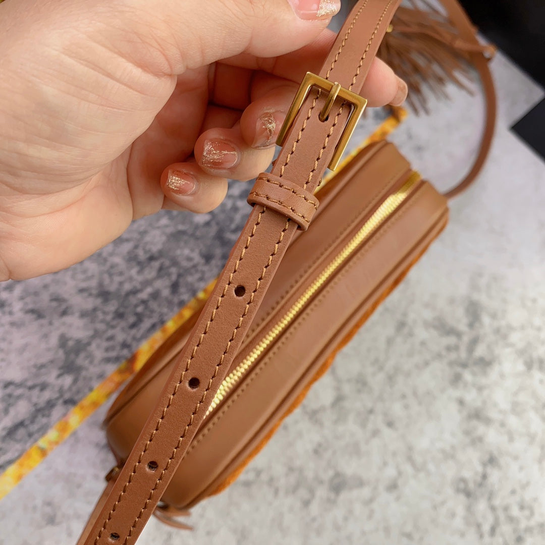 Luxury Saint Laurent LOU CAMERA BAG 23 IN SPANISH ORANGE SUEDE AND BROWN CALFSKIN TRIM
