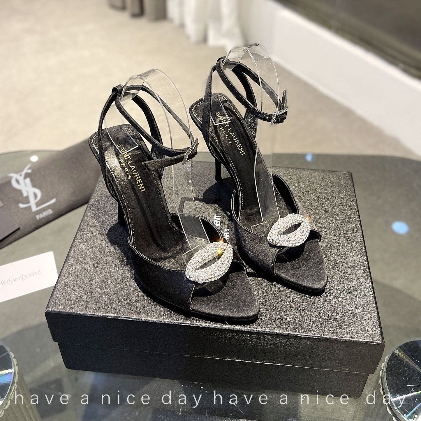 Luxury Saint Laurent SL AYERS CRYSTAL SANDAL BLACK SATIN