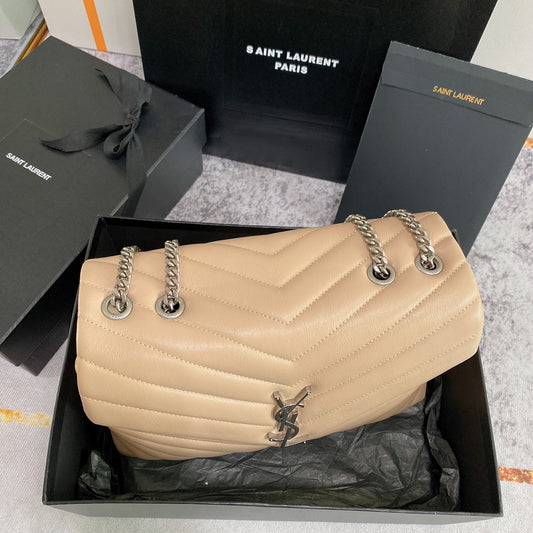 Luxury Saint Laurent LOULOU MEDIUM 32 BEIGE QUILTED LEATHER SILVER HARDWARE