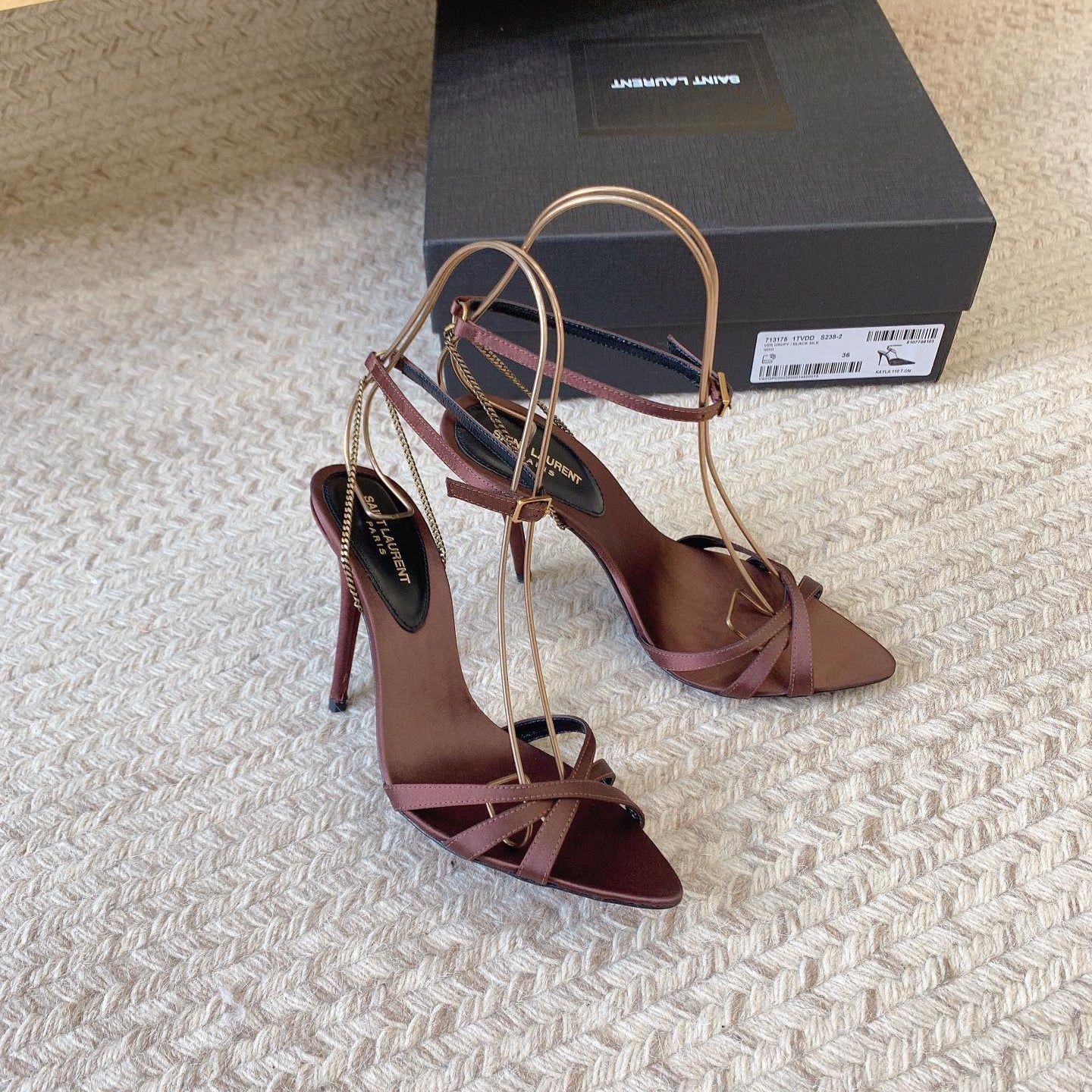Luxury Saint Laurent CROSS STRAP HIGH HEEL IN CHESTNUT SILK GOLD CHAIN