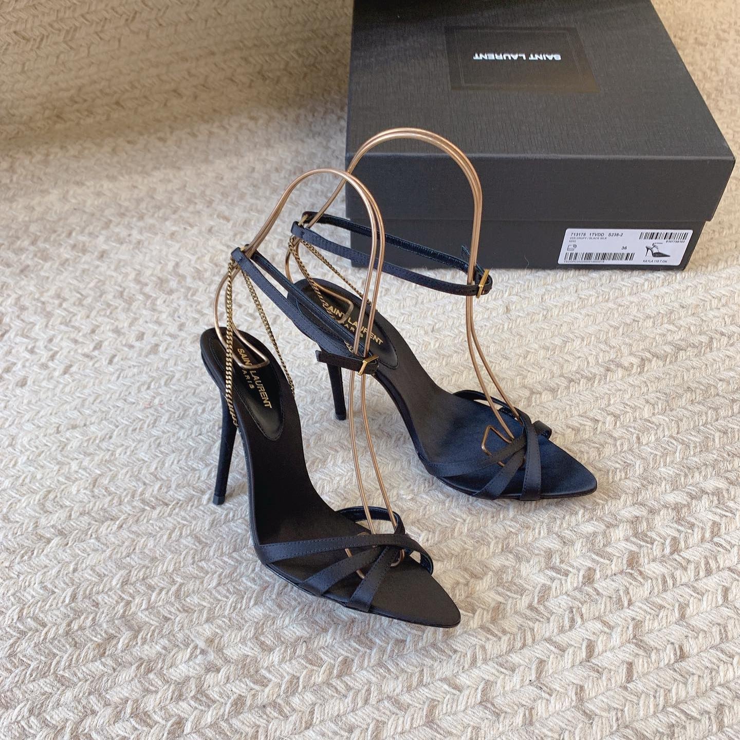 Luxury Saint Laurent CROSS STRAP HIGH HEEL IN BLACK SILK GOLD CHAIN