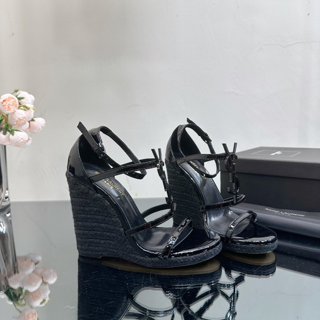 Luxury Saint Laurent SL CASSANDRA WEDGE ESPADRILLES BLACK POLISHED CALFSKIN