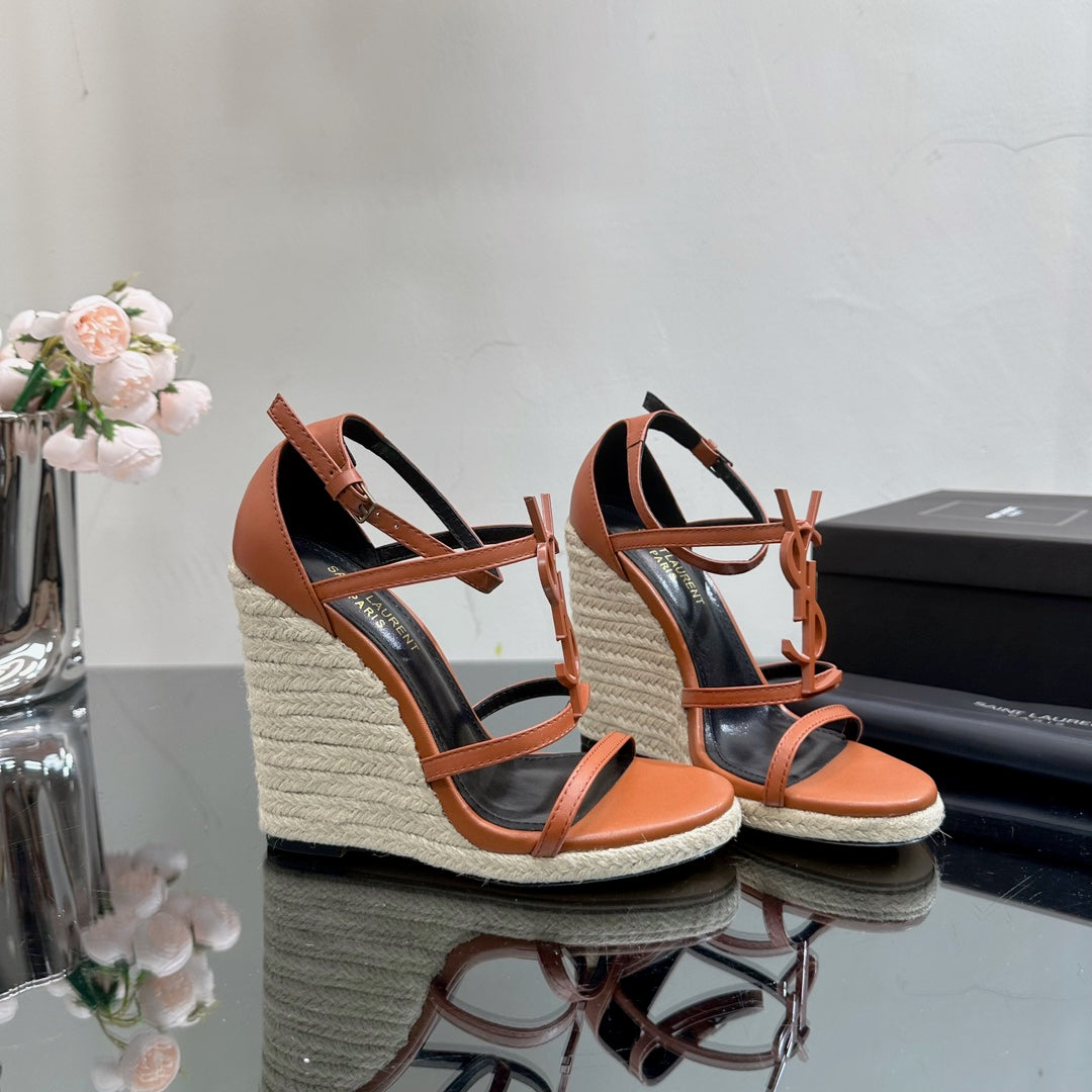 Luxury Saint Laurent SL CASSANDRA WEDGE ESPADRILLES SIENNA CALFSKIN