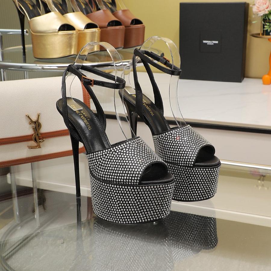 Luxury Saint Laurent SL SUPER HIGH HEELS SANDAL BLACK SATIN-WHITE CRYSTAL