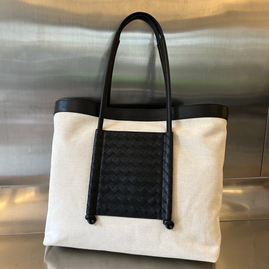 Luxury Bottega Veneta PORTELLO TOTE 53 IN BLACK CALFSKIN AND WHITE CANVAS