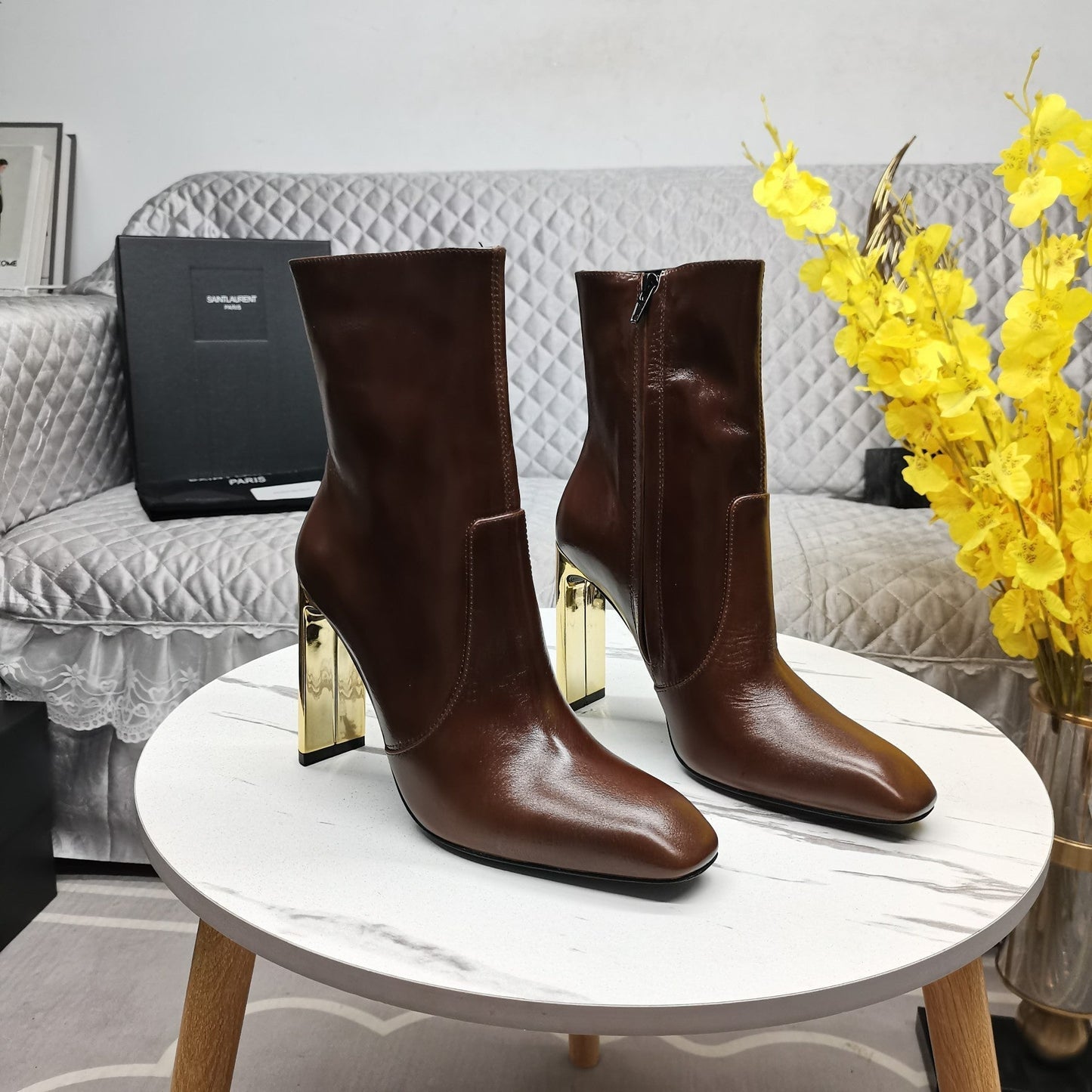 Luxury Saint Laurent SL AUTEUIL HEELED ANKLE BOOT BROWN CALFSKIN
