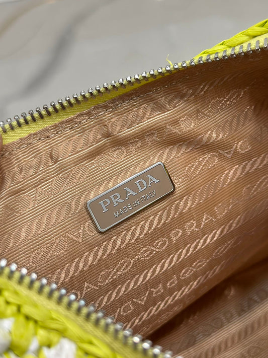 Luxury PradaCROCHET HOBO BAG 22 IN VOLT GREEN MIX WHITE RAFFIA SILVER HARDWARE