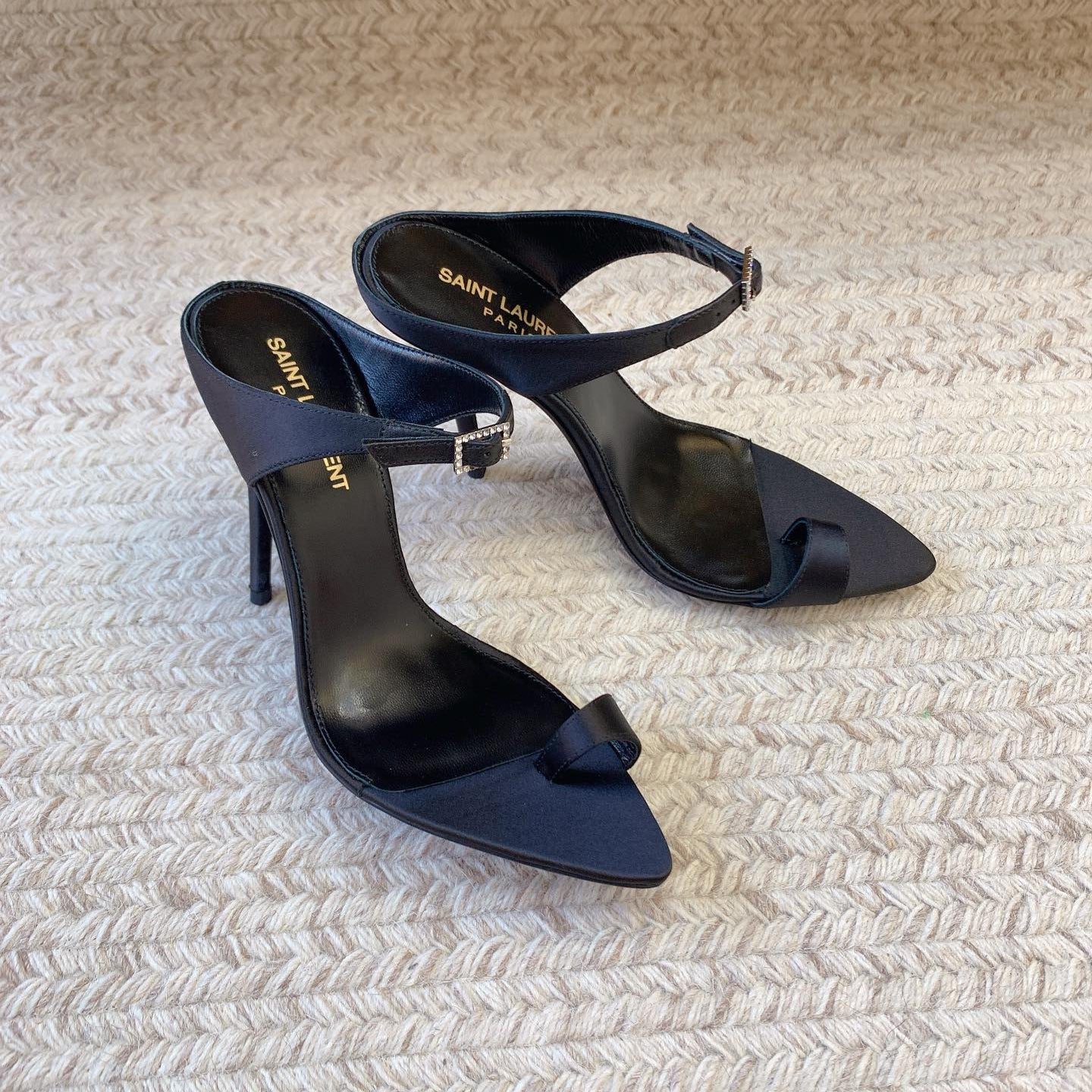 Luxury Saint Laurent GAP CRYSTAL-BUCKLE SLIDE SANDALS IN BLACK SILK