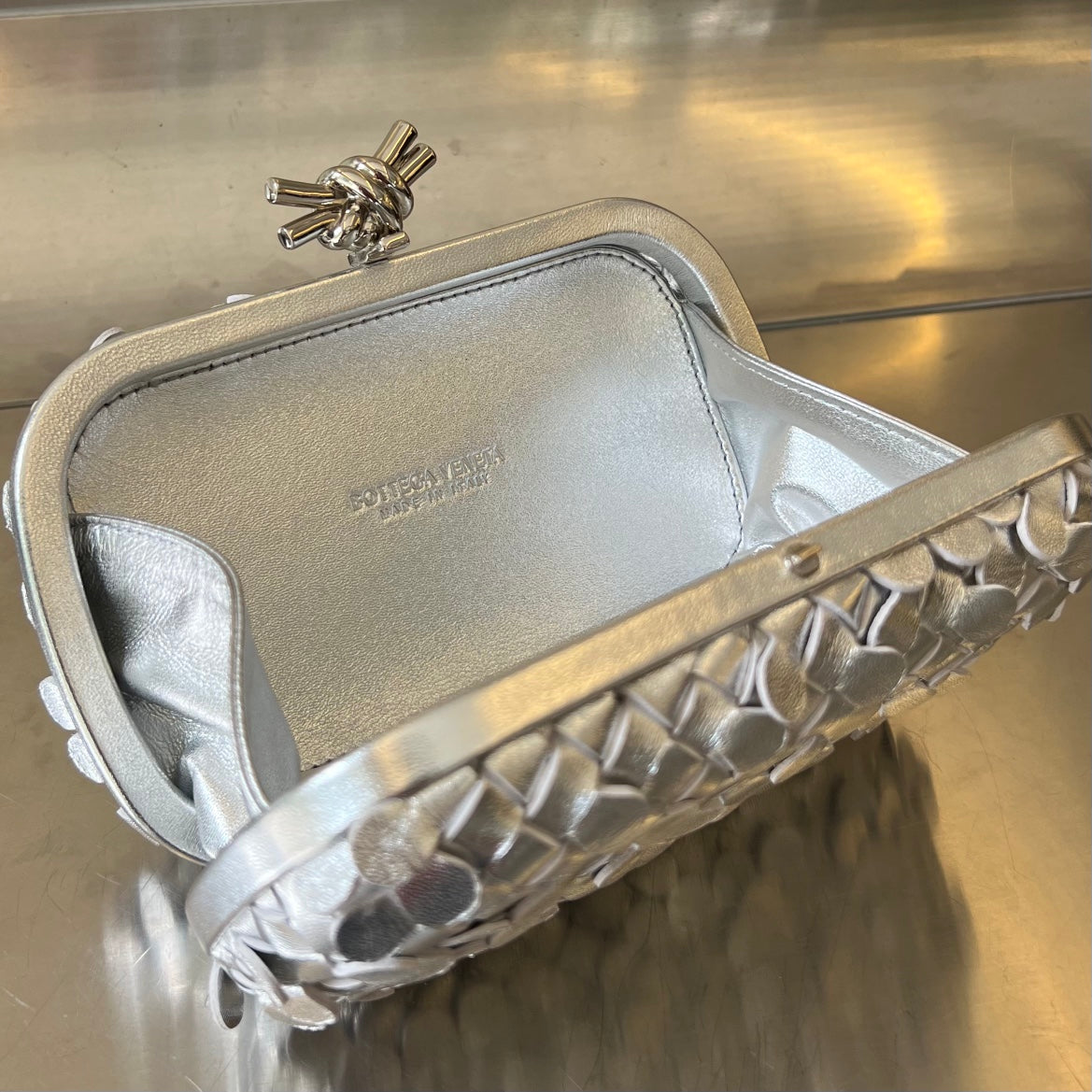 Luxury Bottega Veneta SILVER KNOT 19 IN SILVER LAMBSKIN
