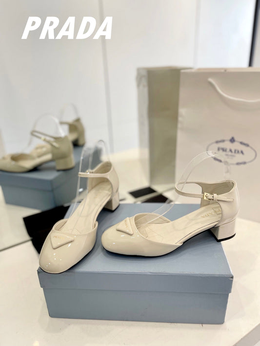 Luxury PradaSlingback 40 Square Sole White Patent Leather