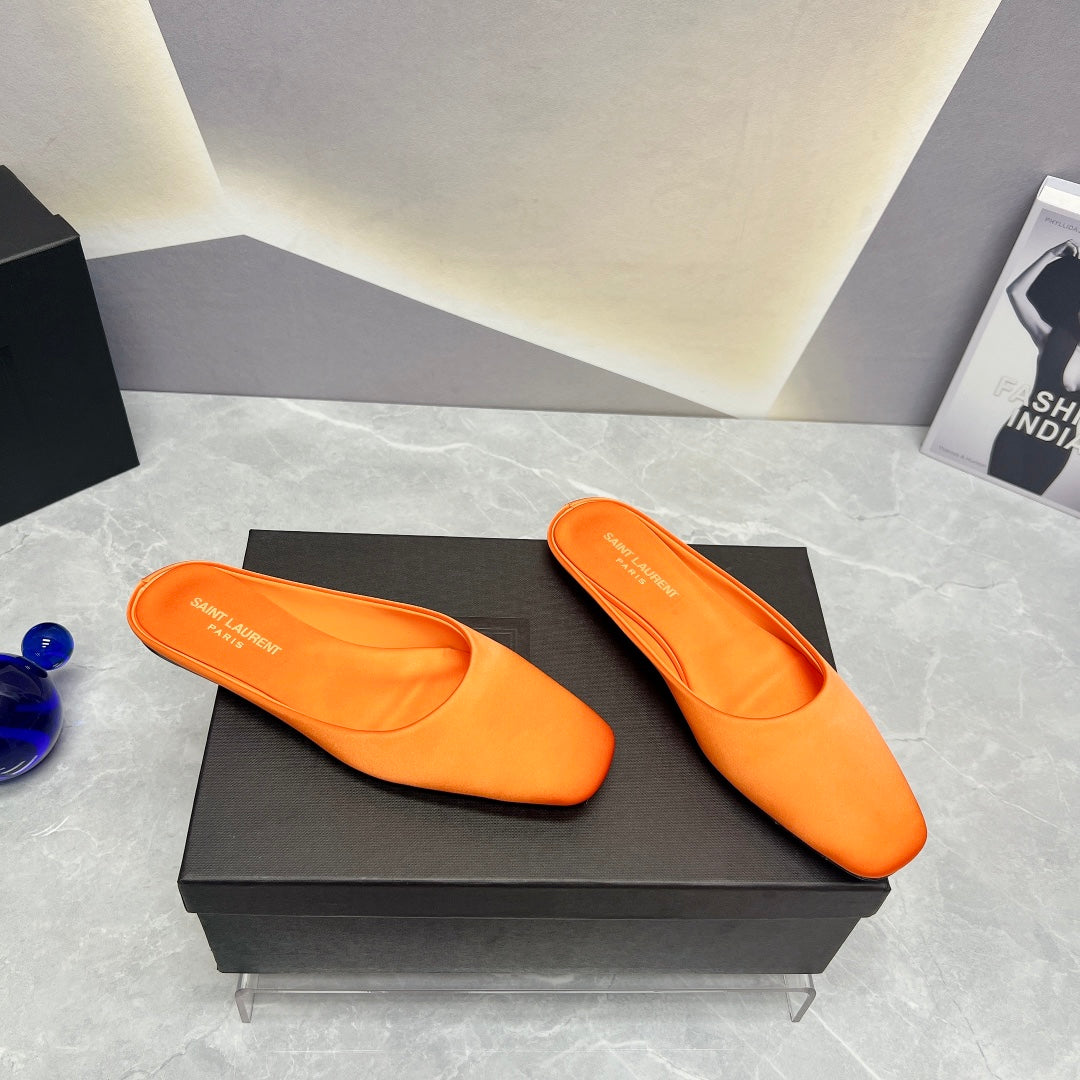 Luxury Saint Laurent SL SQUARE TOE FLAT MULES TIGER SATIN