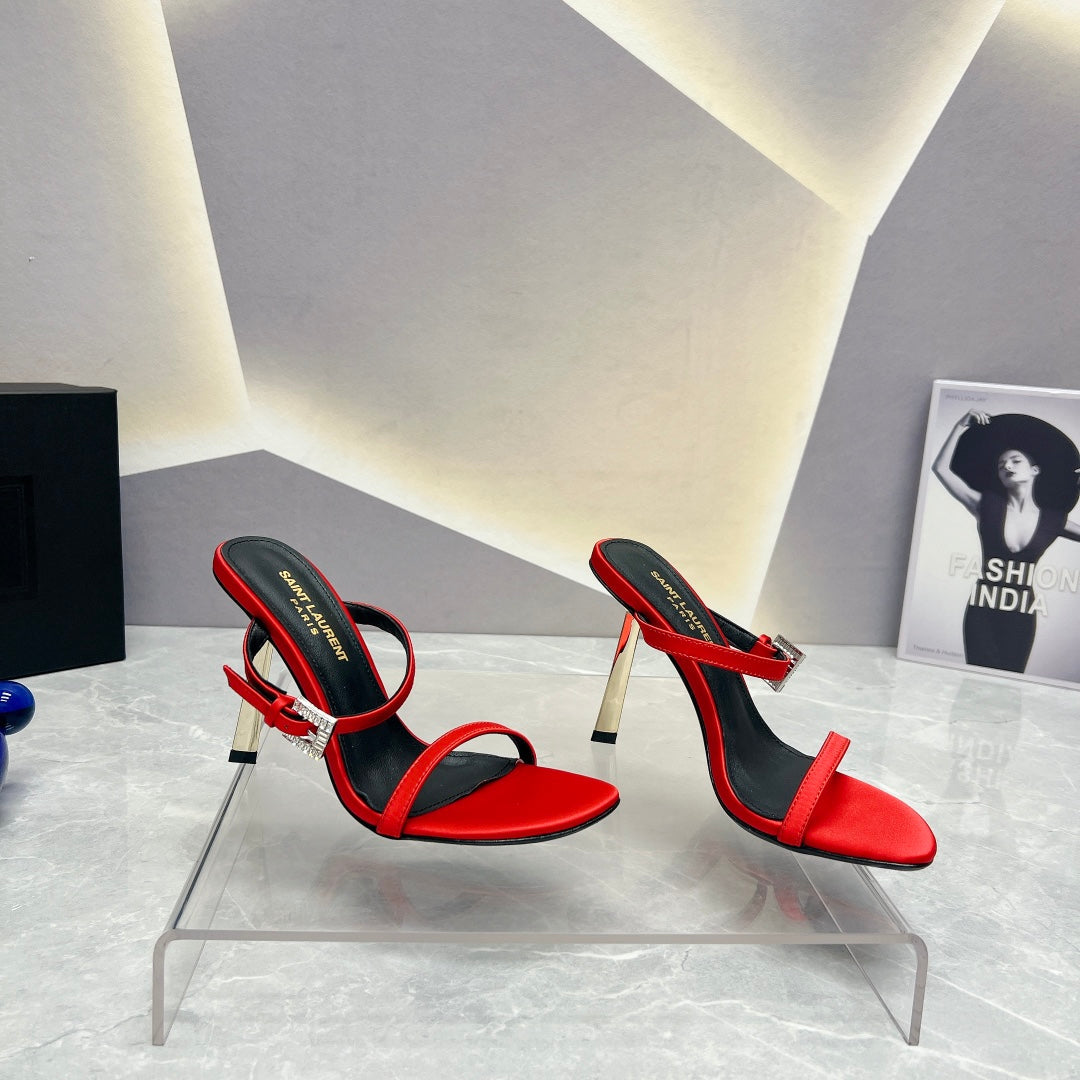 Luxury Saint Laurent SL CRYSTAL BUCKLE HIGH HEELS RED SATIN