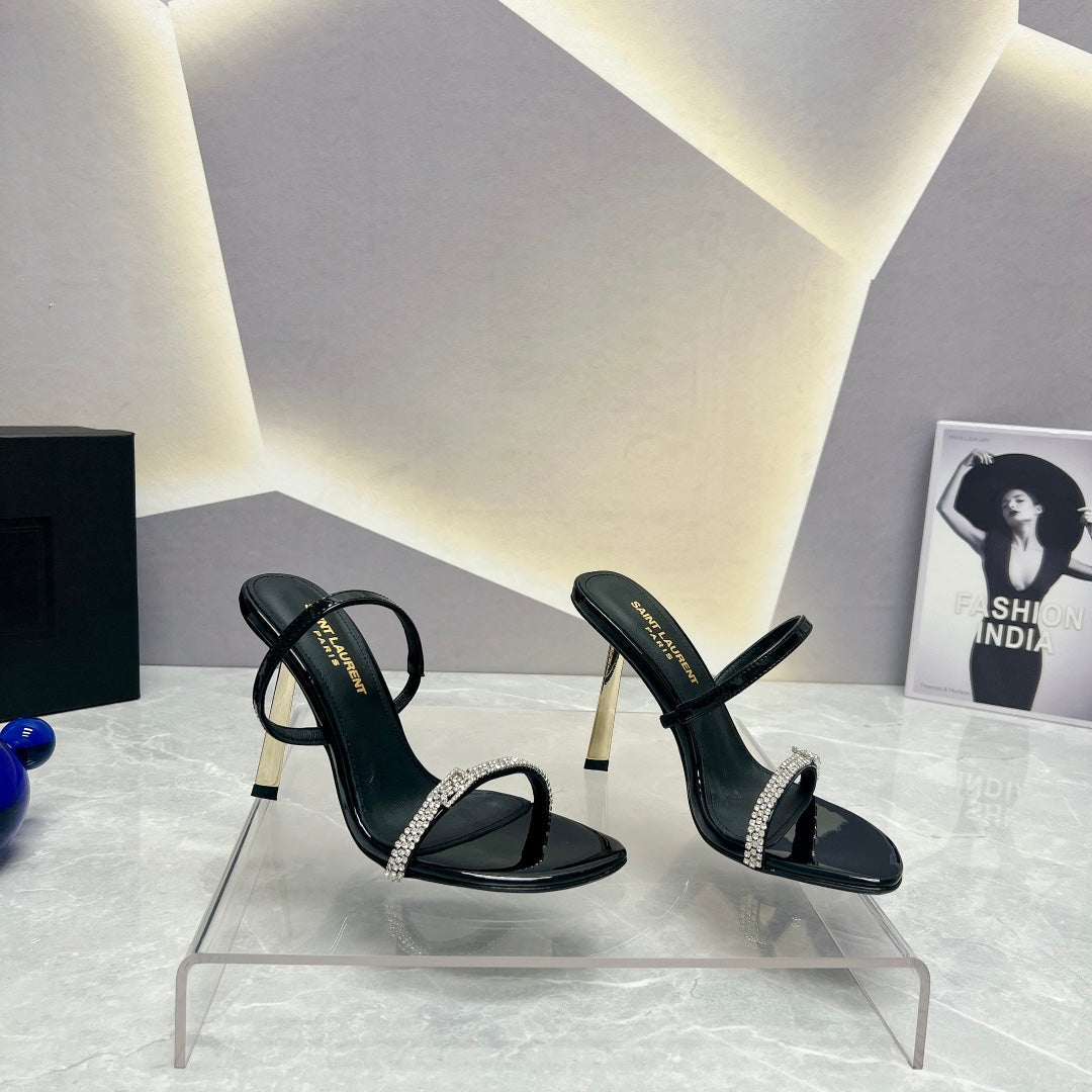 Luxury Saint Laurent SL CRYSTAL THIN BELT HIGH HEELS BLACK CALFSKIN