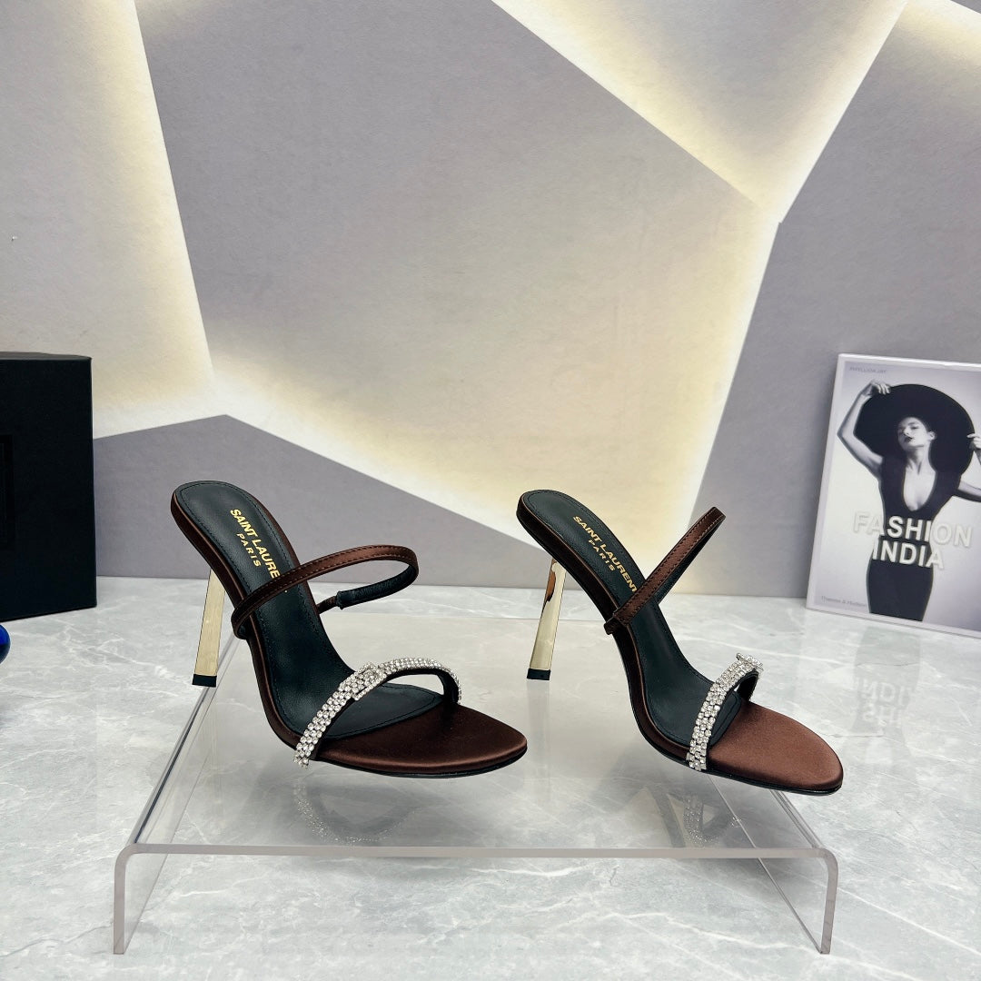 Luxury Saint Laurent SL CRYSTAL THIN BELT HIGH HEELS BROWN SATIN