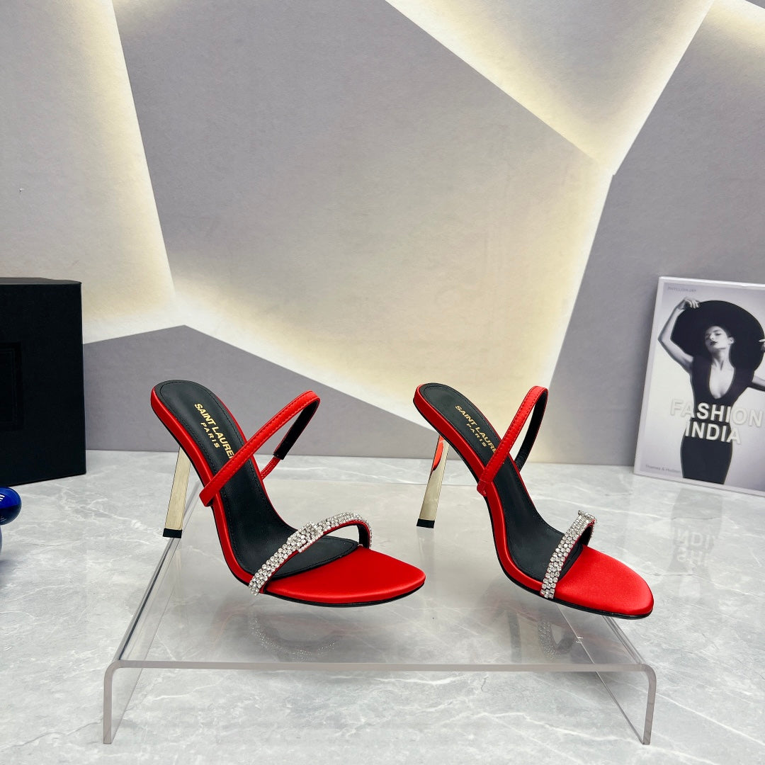 Luxury Saint Laurent SL CRYSTAL THIN BELT HIGH HEELS RED SATIN