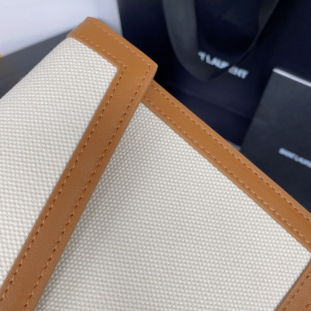 Luxury Saint Laurent UPTOWN POUCH 27 IN WHITE CANVAS AND BROWN LEATHER TRIM GOLD LOGO