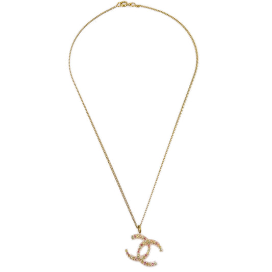 Luxury Chanel CC Chain Pendant Necklace Rhinestone Gold 04A