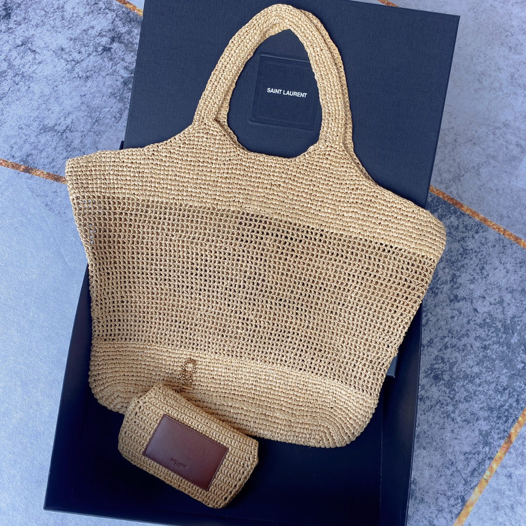 Luxury Saint Laurent icare 58cm woven raffia brown calfskin
