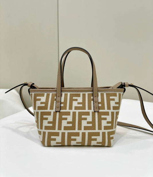 Luxury FendiMINI ROLL BAG 15 PEANUT BROWN MIX WHITE FF JACQUARD FABRIC
