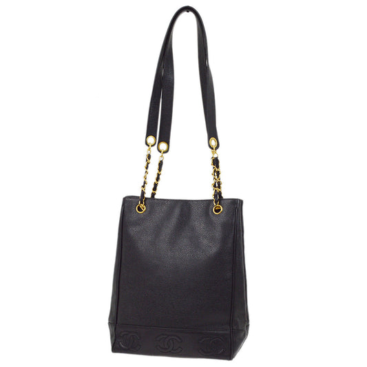 Luxury Chanel 1996-1997 Black Caviar Triple CC Shoulder Tote Bag