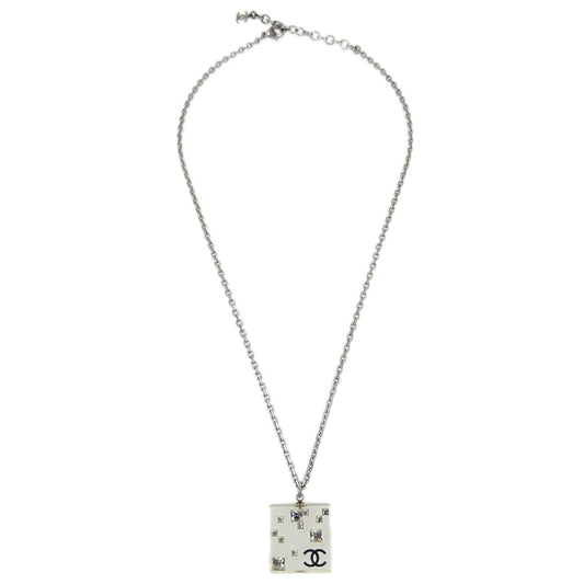 Luxury Chanel Silver Square Necklace Pendant Rhinestone 05A