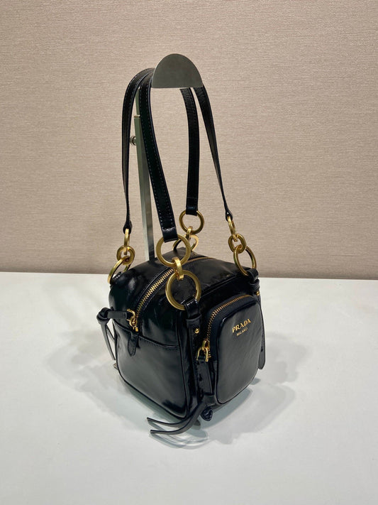 Luxury PradaSMALL RECTANGULAR BAG 14 IN BLACK OIL WAX LAMBSKIN GOLD HARDWARE
